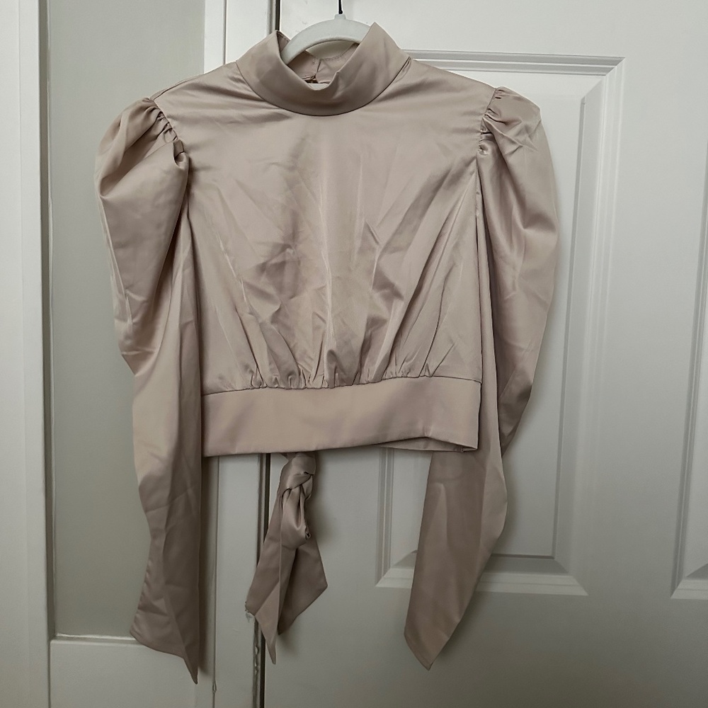 Beige Open Back Long Sleeve Blouse